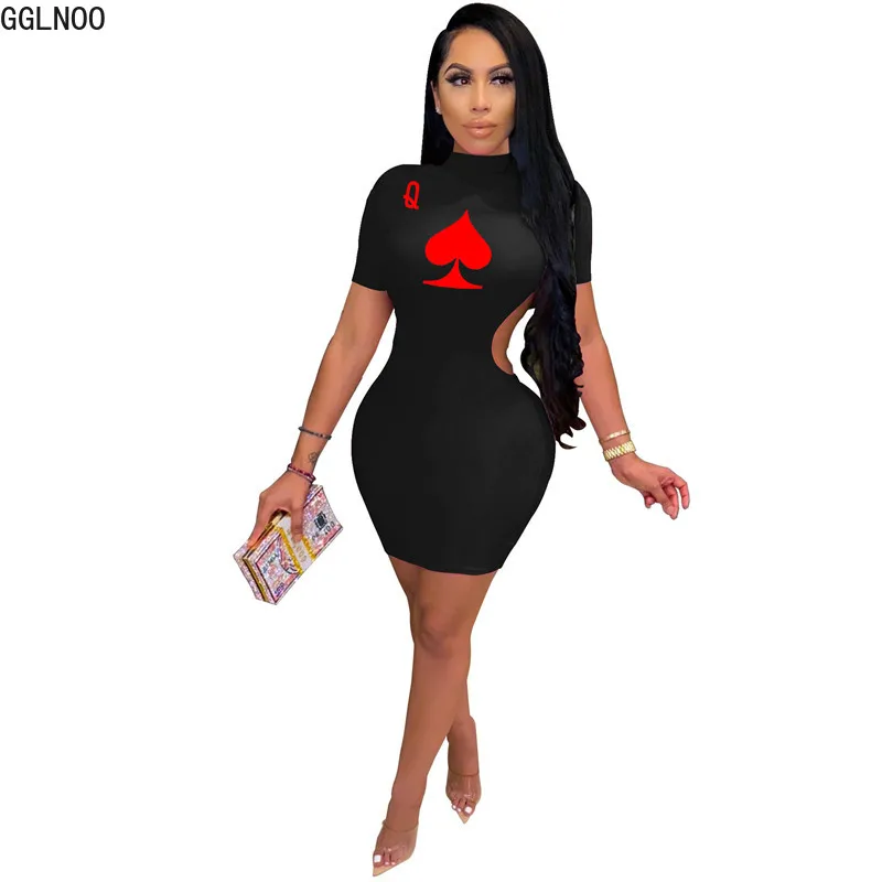 

GGLNOO Bodycon Midi Mini Women Dress Black Spade Q Poker Card Print Open Back Bandage Pencil Short Sleeve Dresses Outfits