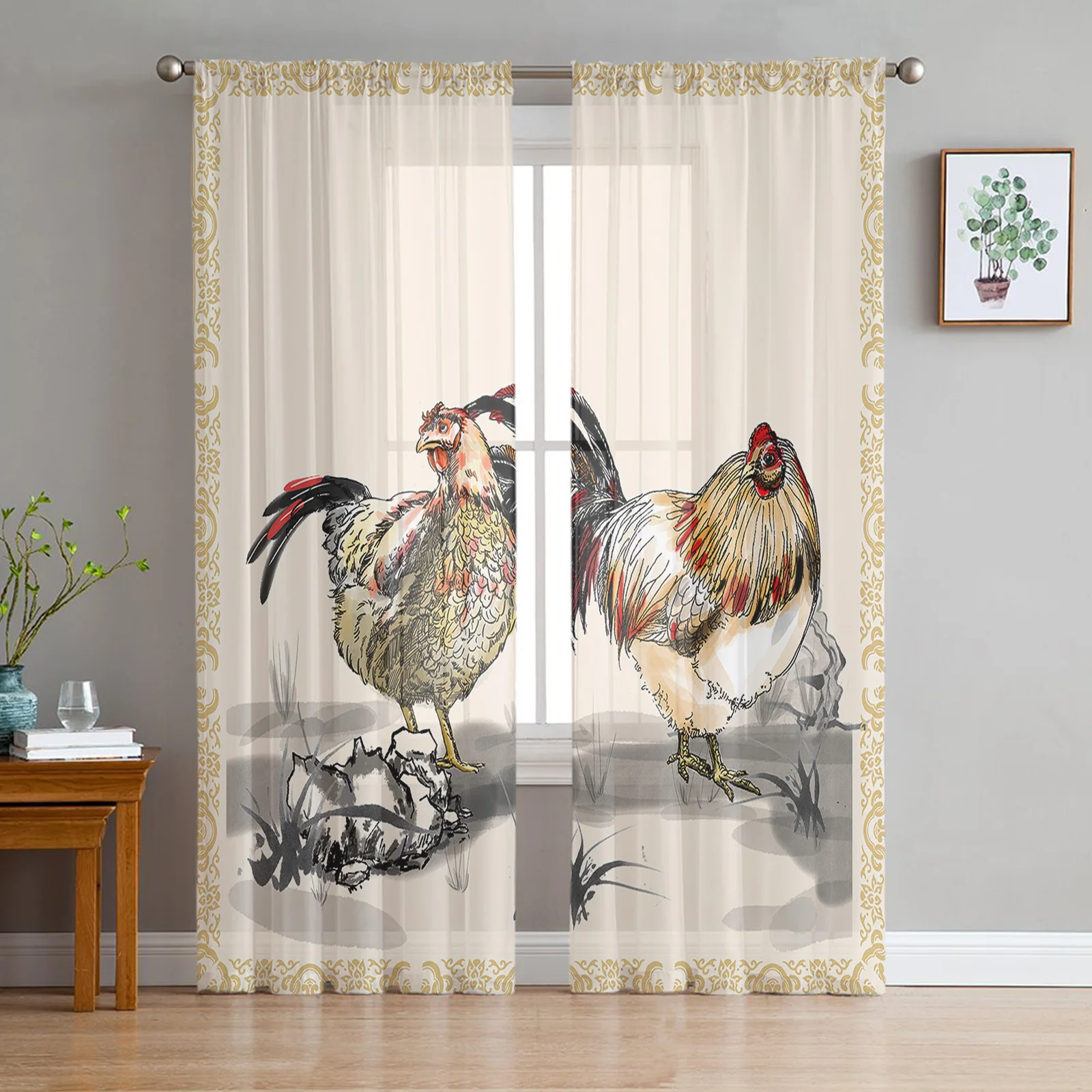 

Ink Painting Animal Chicken Sheer Curtains for Living Room Bedroom Decoration Chiffon Tulle Voile Kitchen Window Curtain