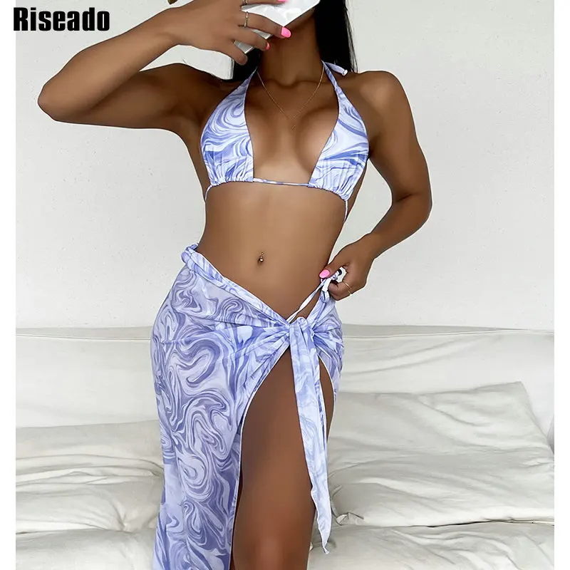 

Riseado, 3 комплекта, бикини, сексуальный женский купальник, накидка с запахом, пляжная юбка, 2022, Холтер, купальник для женщин, купальный костюм