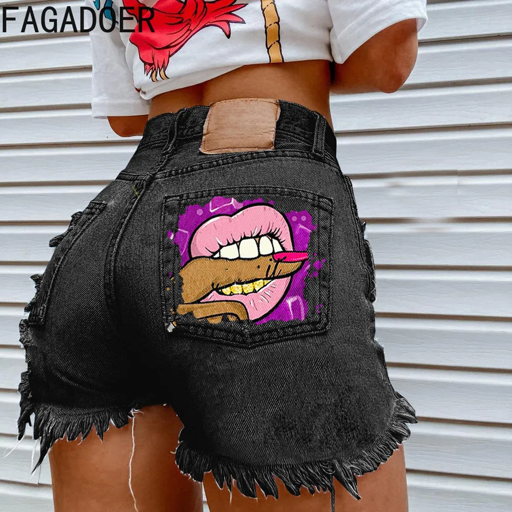 FAGADOER Fashion Y2K Street Style Women Worn Torn Denim Shorts Casual High Waisted Printing Tassels Shorts Female Cowboy Bottoms