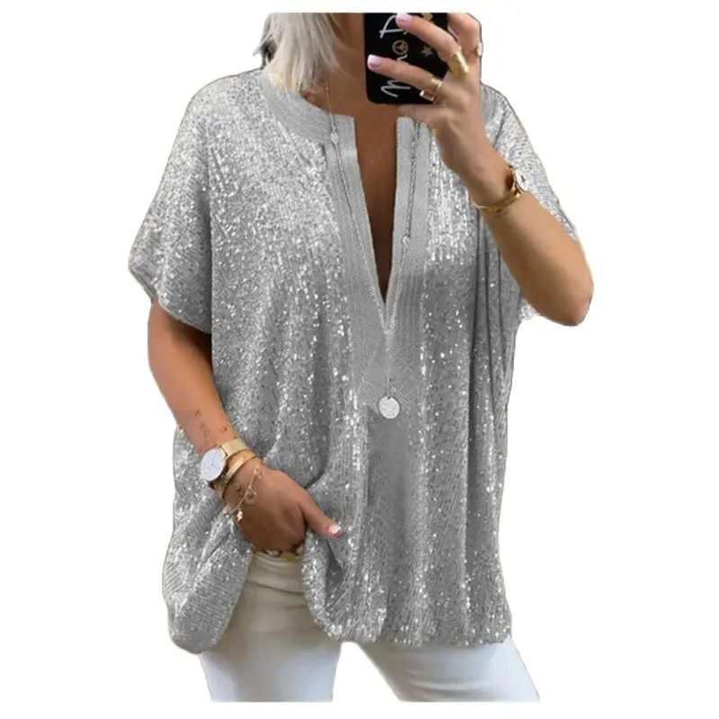 

Club Party Bousa Women Tops 2022 Summer Women Blouse Top Fashion Sequins V neck Short Sleeve Casual Shirts Women Loose Pullover