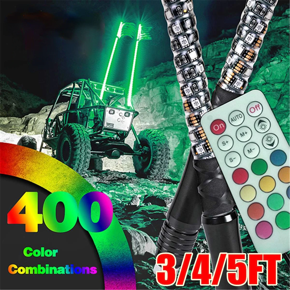 Led whip light 2/3/4/5FT car led light RGB Waterproof Bendable Remote APP Music Control LED Flagpole Lamp for SUV ATV UTV, RZR