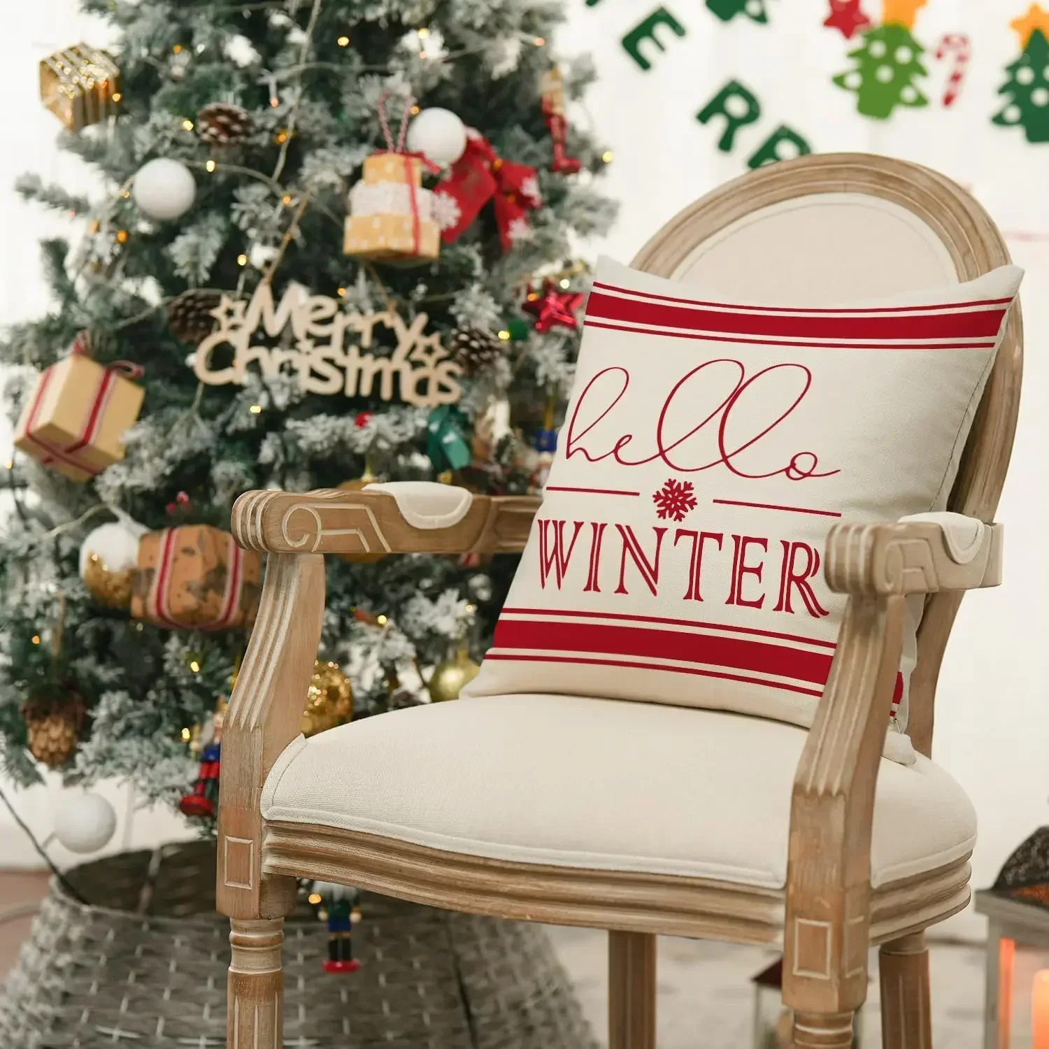 MerryChristmas Hello зимняя клетка буйвола Снежинка красная наволочка зимнее