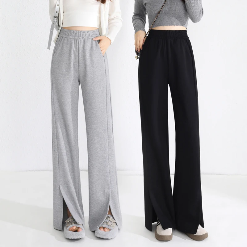 Осенне-зимние женские новые модные Универсальные широкие брюки с разрезом