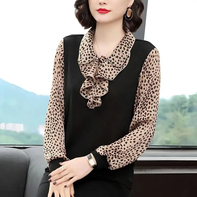 

S-5XL Leopard Print Top Spring Autumn New Women's Lapel Loose Casual Blouse Fashion Mom Long Sleeve Bottoming Shirt