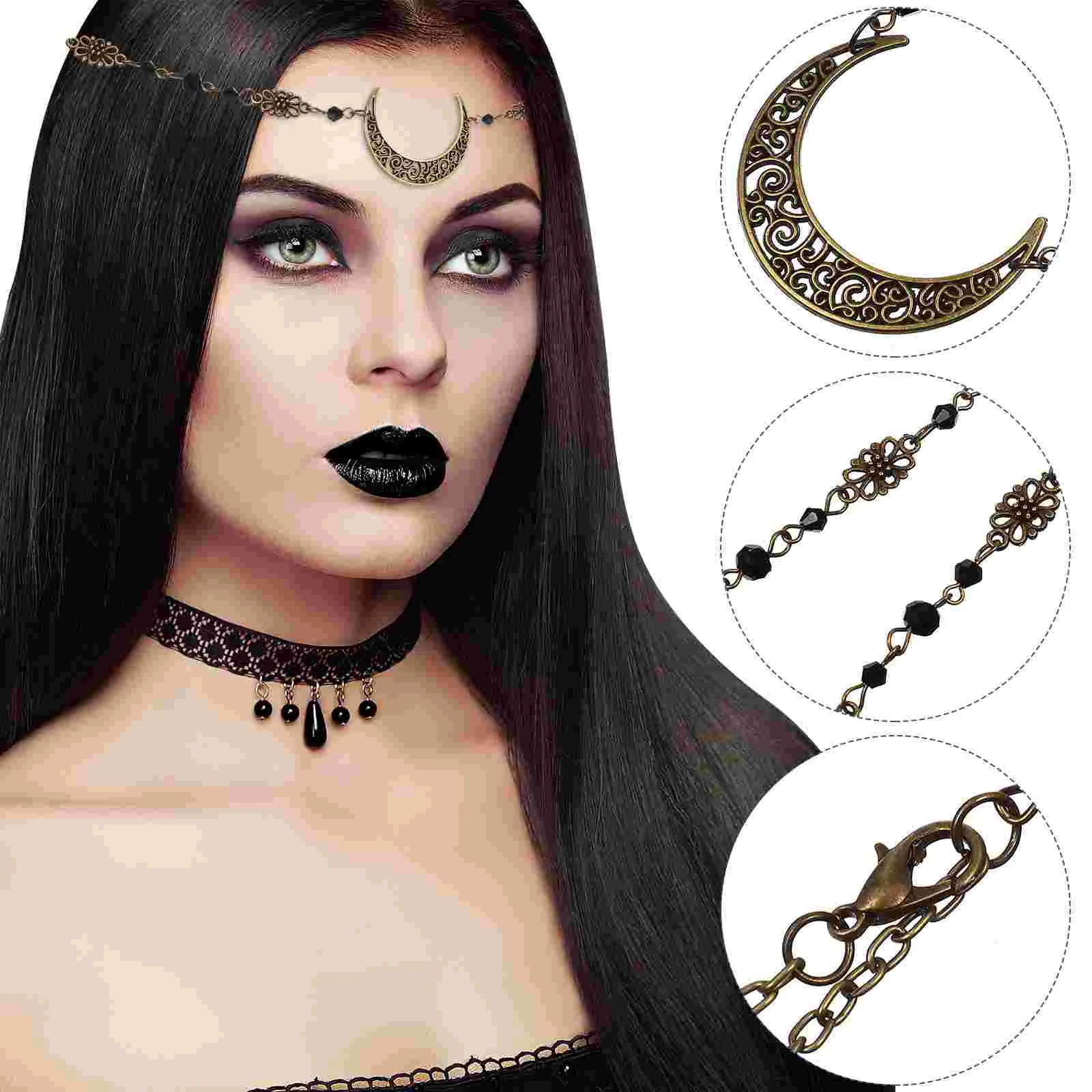 

3 Pcs Bohemian Head Chains Hollow-out Moon Pendant Crystal Beads Decorative Headpieces Hair Accessories for Women and Girls