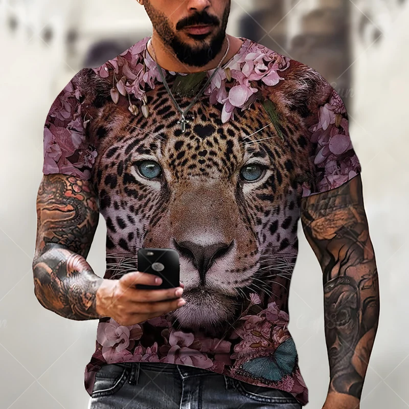 

Summer New Casual Jungle Leopard Print 3D Printing Trend Fashion Round Neck Short Sleeve Plus Size Men's T-Shirt Top