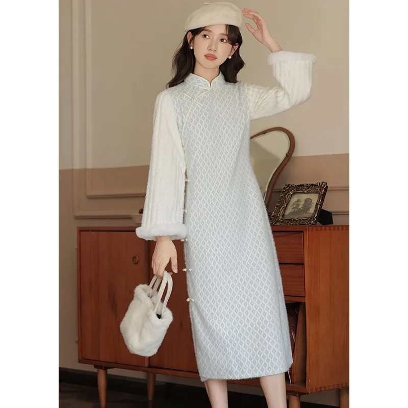 Новое китайское элегантное искусственное женское платье из двух предметов зима