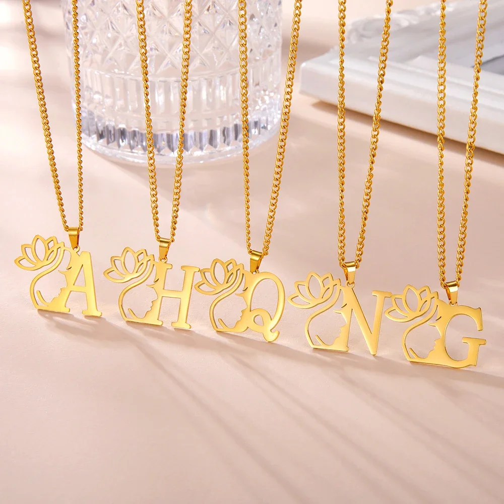А - Z инициалы лотос кулон ожерелье леди нержавеющая сталь дама боковые украшения