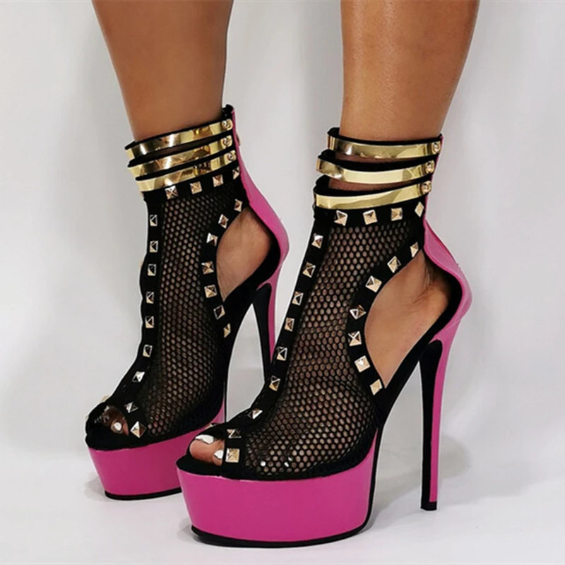 Женские двухслойные ботильоны на платформе массивном высоком каблуке с открытым