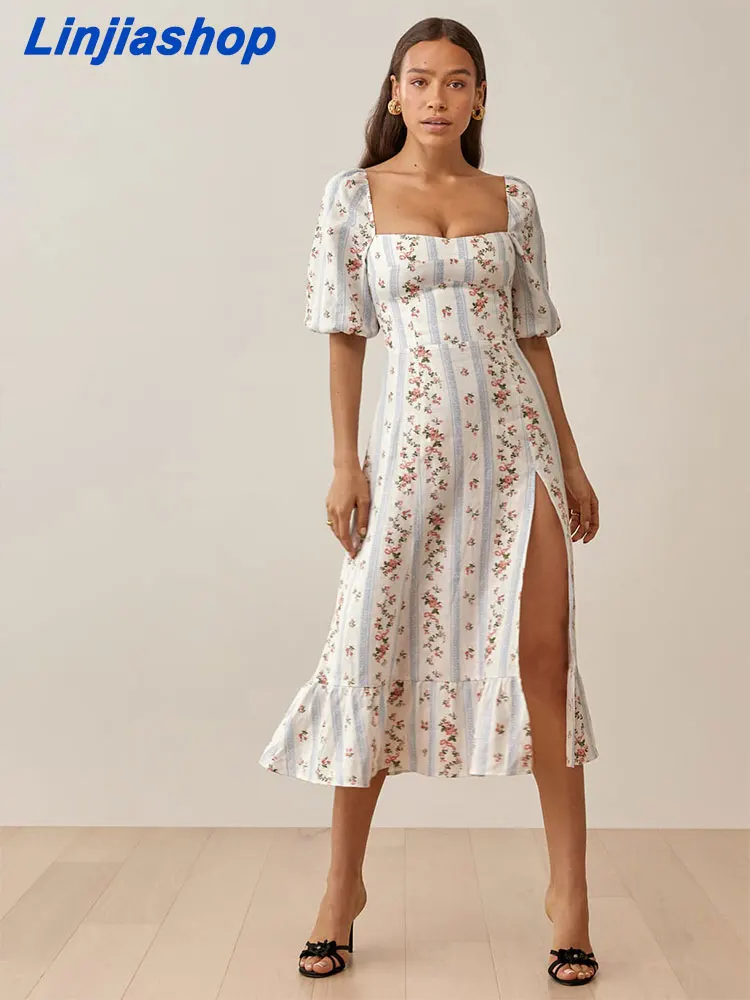 

Summer women midi dress slim floral print elastic square collar holiday short sleeves party long split dress 22519