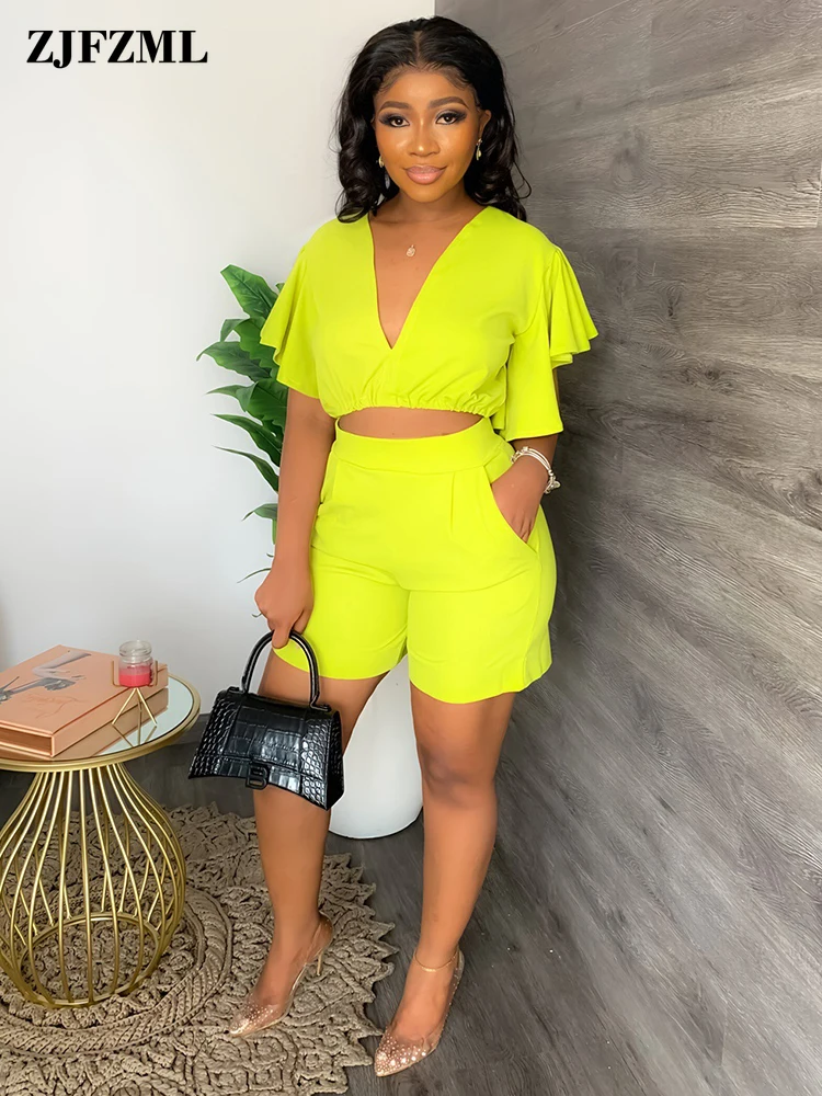 

Потрясающие комплекты из 2 предметов, Женская праздничная одежда, короткий топ с V-образным вырезом и рукавами с оборками и летние велосипед...