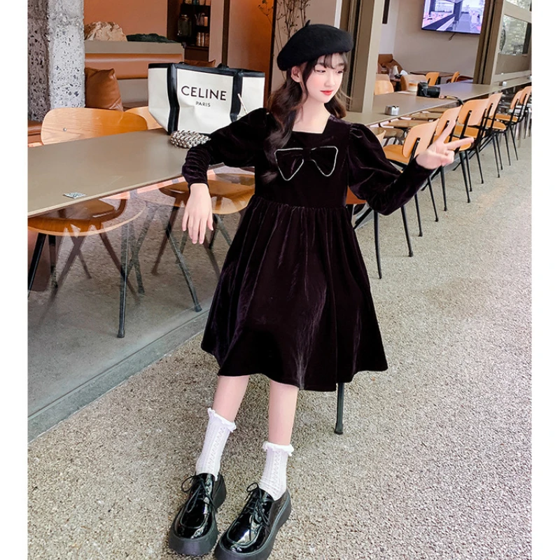 

Одежда для подростков, модное платье, Новинка весна-осень, Вельветовая юбка принцессы с длинным рукавом и бантом, детская одежда для девочек 4-14 лет