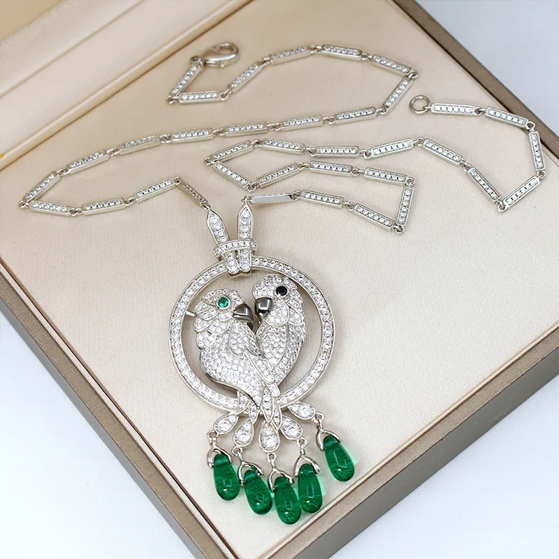 

Ожерелье с двойным попугаем, зеленая Подвеска из халцедона из акации, женское вечернее платье знаменитости, цепочка до ключиц для женщин