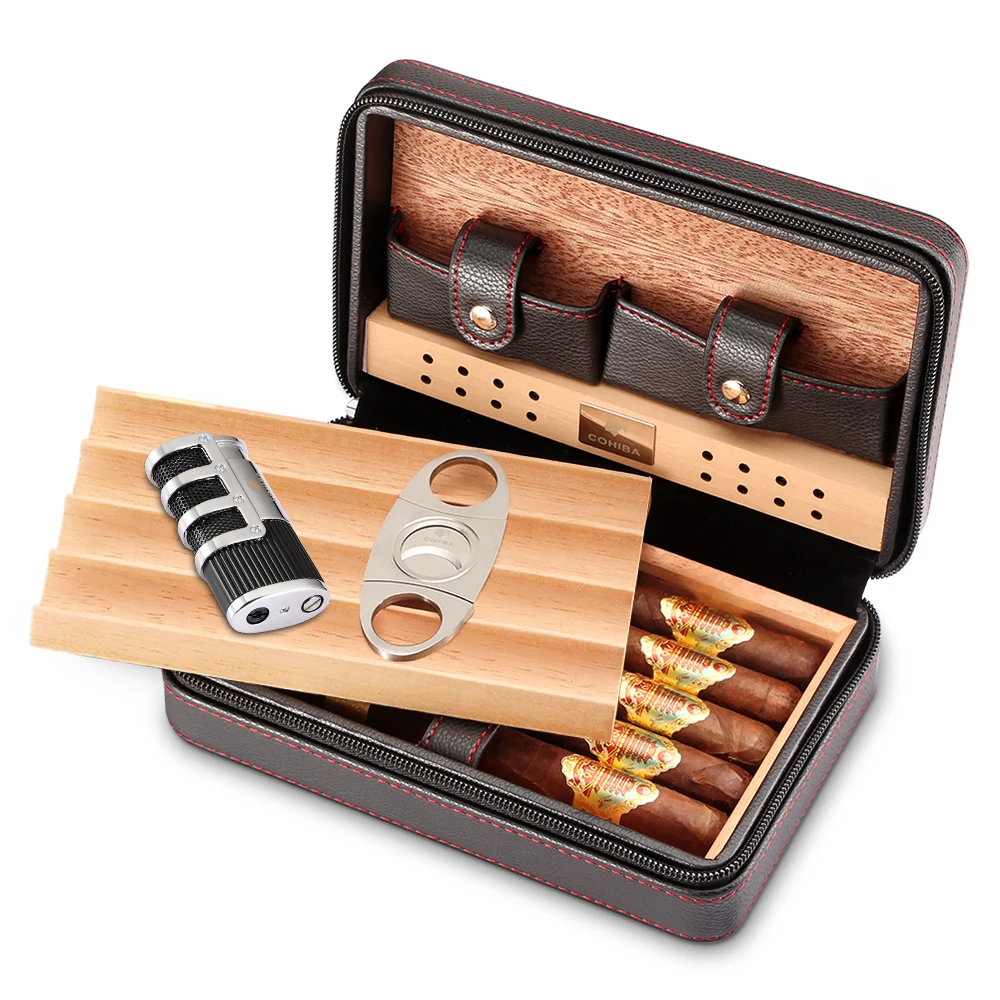 

Cohiba Travel Humidor Box With Punch Cigar Lighter Cutter Guillotine Portable Cedar Wood Leather Cigar Case