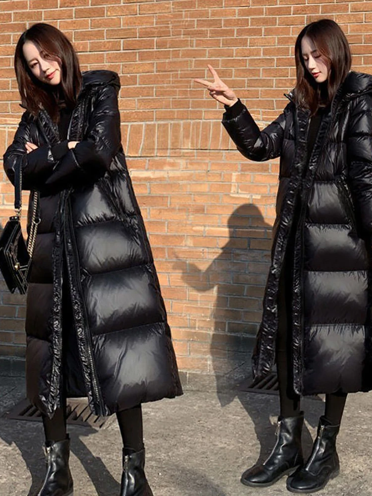 Black Glossy Parka Coat Women's 2022 Fashion Thicken Winter Hooded Loose Long Jacket Female Windproof Rainproof Warm Outwear