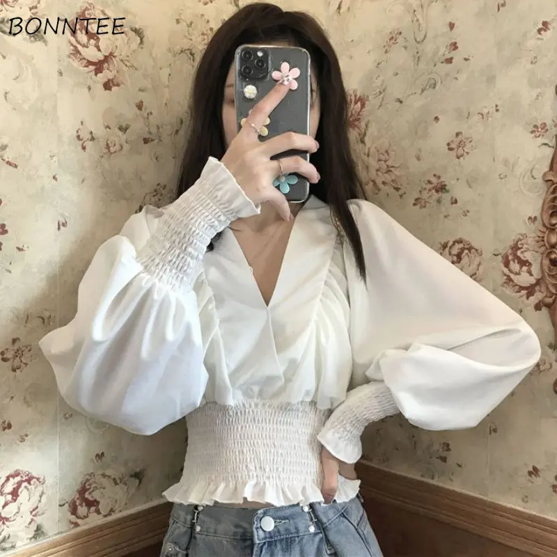 

Blouses Women Folds Casual V-Neck Simple All-match Lantern Sleeve Fashion Korean Style Elegant Spring Sweet Daily Solid Chic New