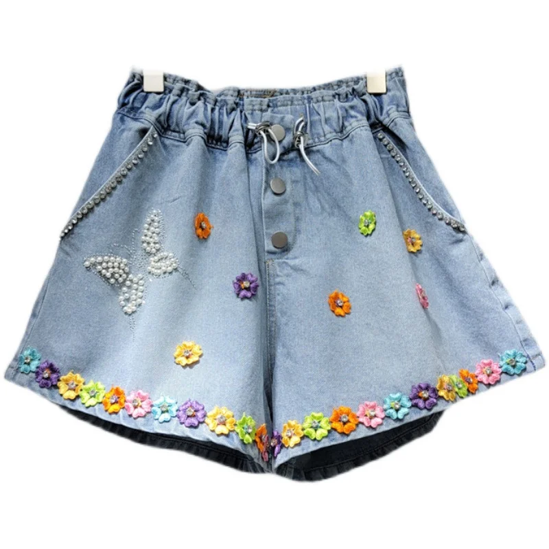 2023 Summer New Heavy Industry Butterfly Flower Drawstring High Waist Slimming Wide-Leg Denim Shorts Women