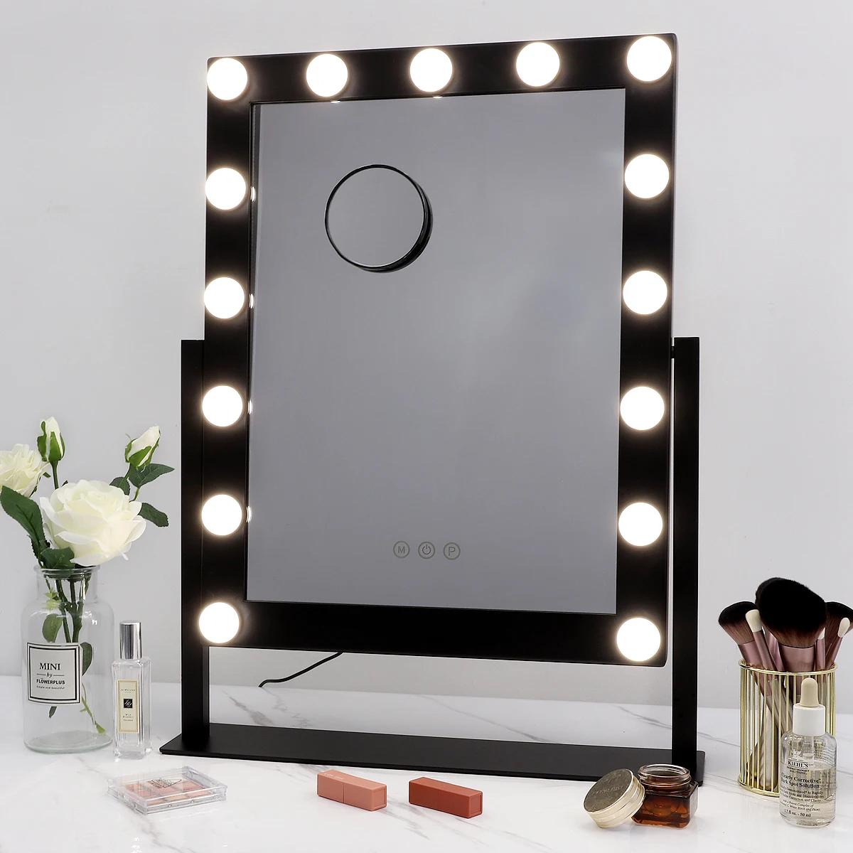 

Голливудское большое зеркало для макияжа с подсветкой, 3-цветное светодиодное зеркало 18,3 дюйма x 24,4 дюйма, умное зеркало для макияжа с сенсор...