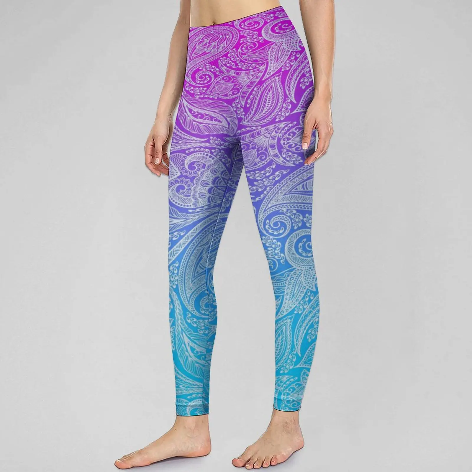 

Бесшовные леггинсы с эффектом омбре, белые эластичные спортивные Леггинсы с цветочным принтом Пейсли для бега и йоги, с высокой талией