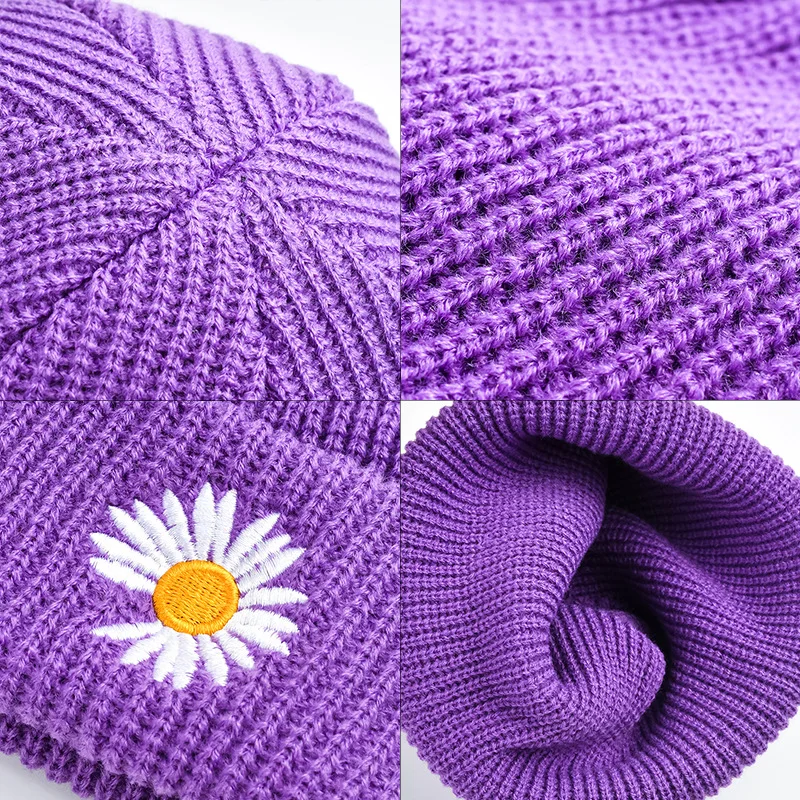 

Knitted Women Hat Winter Embroidery Small Daisy Monochrome Cold Proof Hat Warm Cuffed Unisex Men Winter Hat Skullies & Beanies