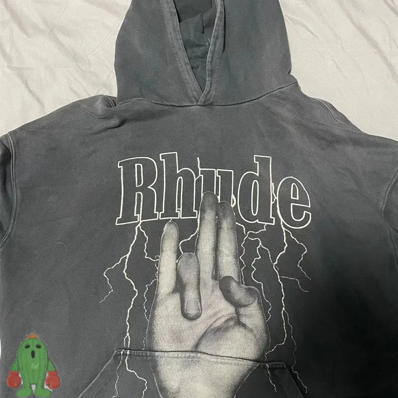 

Lightning Finger Printed Oversized Wash Do Old Rhude Hooded Hoodie Sweatshirts