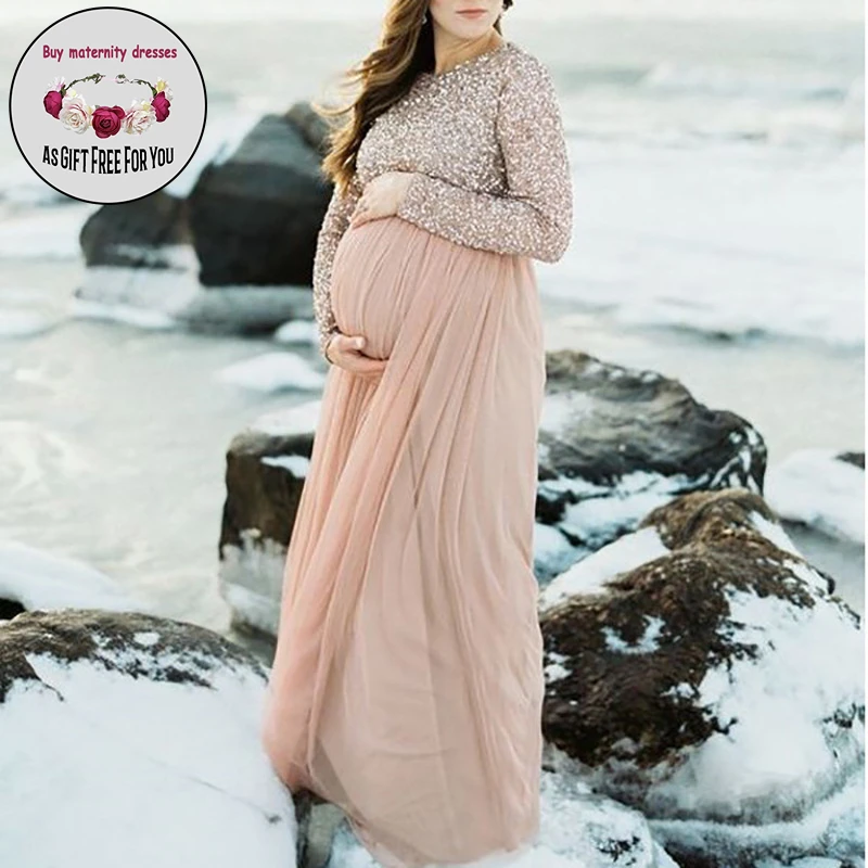

Women Elegant Maternity Dress for Photography Tulle Beaded Long Sleeve Slim Fit Maxi Maternity Gown