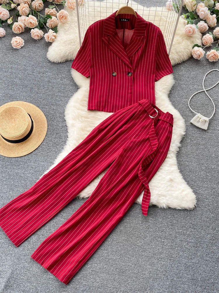 

Summer Women Striped Two Piece Set Office Ladies Notched Collar Short Sleeve Loose Tops + High Waist Pants Suit OL New Fashion