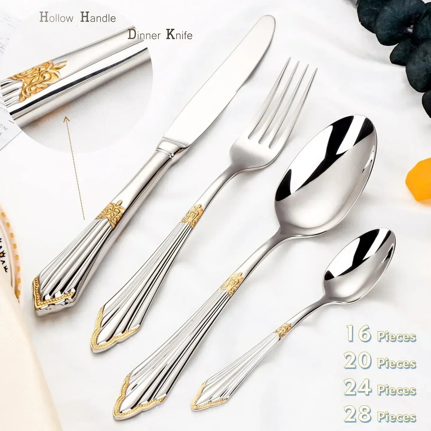 

Knife Set Hollow Piece Gold Flatware Luxury Handle Set Cutlery 16/20/24/28 Antique Dinner Silverware Plated Dishwasher Safe
