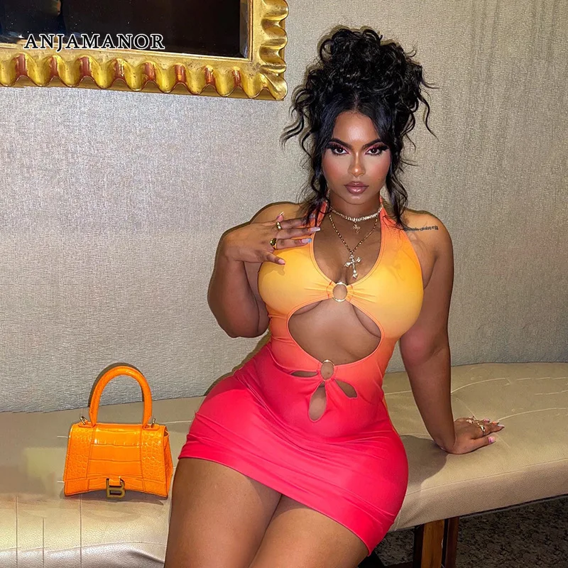 

ANJAMANOR Hollow Cut Out Halter Mini Dress Sexy Club Outfits for Women Gradient Orange Print Backless Bodycon Dresses D96-CZ19