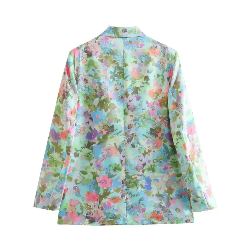 Printed Satin Women Suit Two Piece Sets Womens Outifits Spring Office Blazer Coat Ladies Pants Sets Elastic Waist Trouser Suits