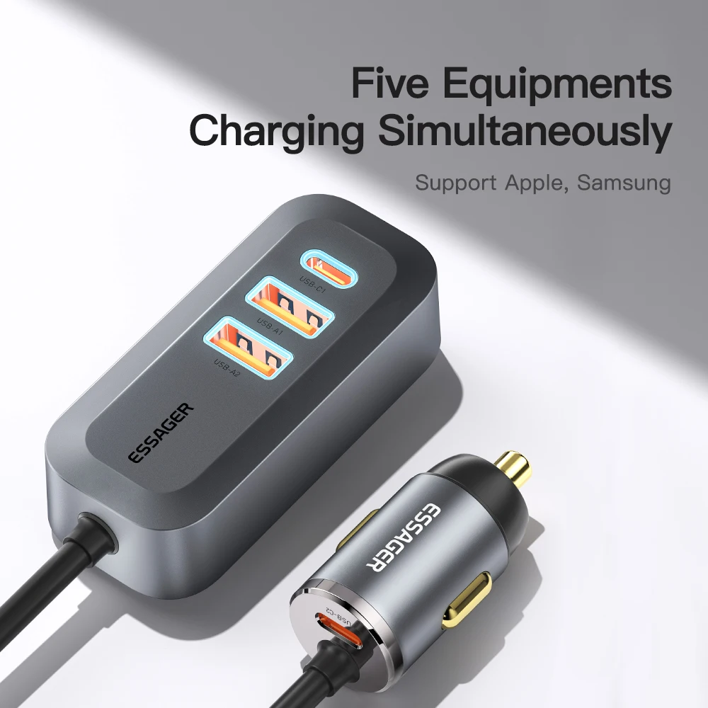 Essager 100W USB Car Charger Fast Charge Type C PD For iPhone 14 13 Xiaomi Samsung Portable USB Phone Charger Quick Charging
