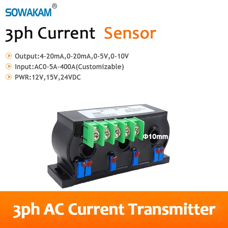 

Three-phase AC Current Sensor AC0-400A Input 4-20mA 0-5V 10V RS485 Output Current Signal Detector Perforated Current Transmitter