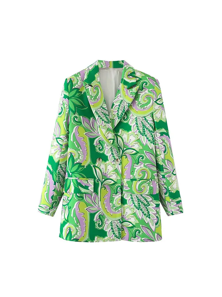 

Women 2022 Autumn New Leisure Fashion printed Blazer Coat Vintage Long Sleeve Pockets Female Outerwear Chic