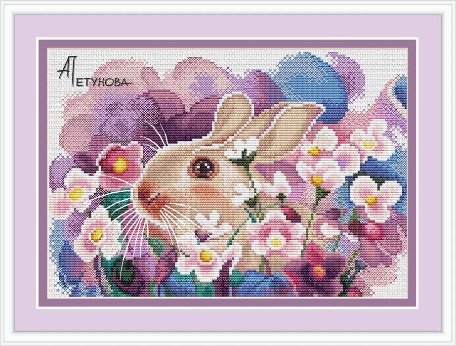 

Cross stitch Handmade 14CT Counted Canvas DIY,Cross-stitch kits,Embroidery rabbit II in flowers 36-28