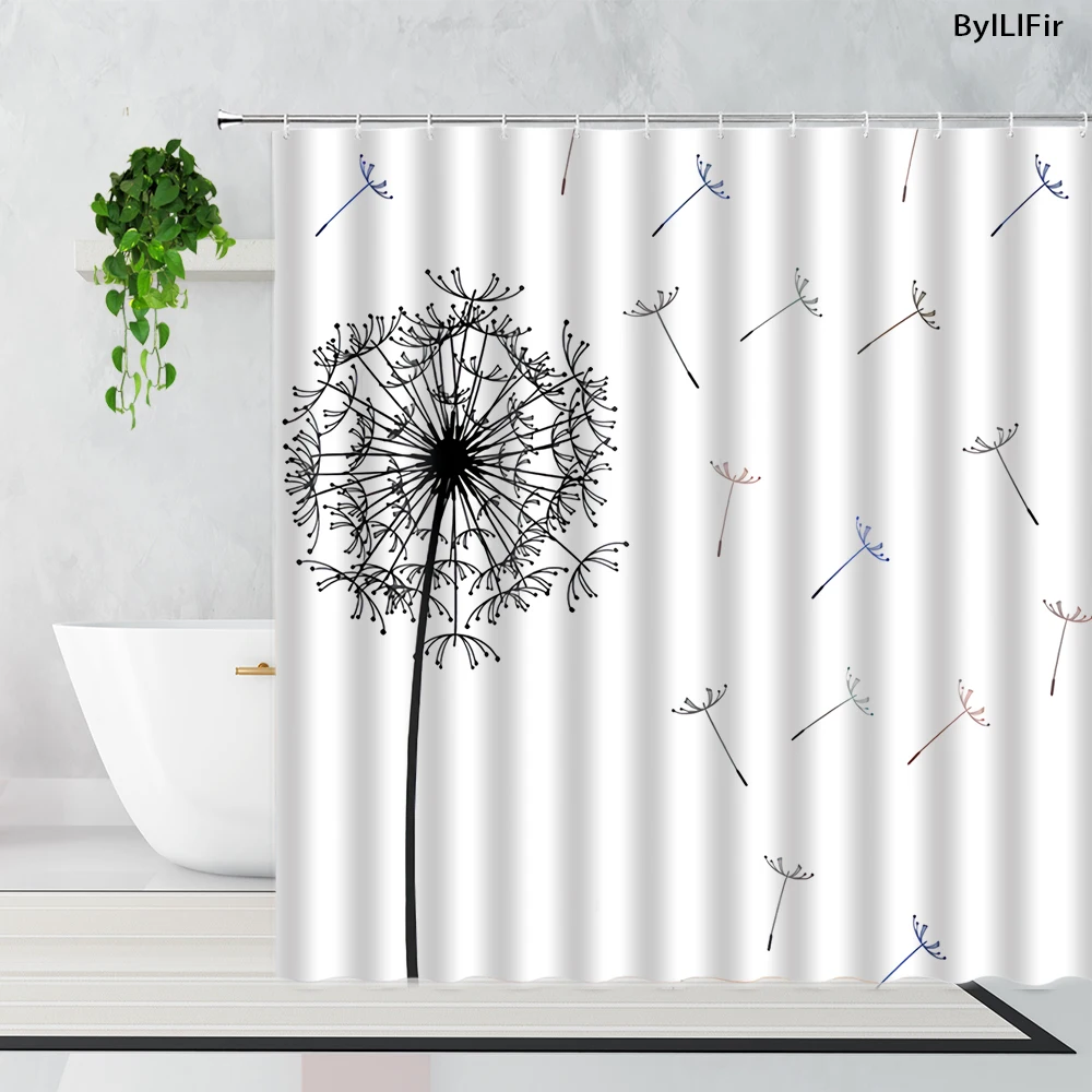 black and white shower curtains plants flowers dandelion print fabric bathroom decoration sets waterproof home bathing curtain free global shipping