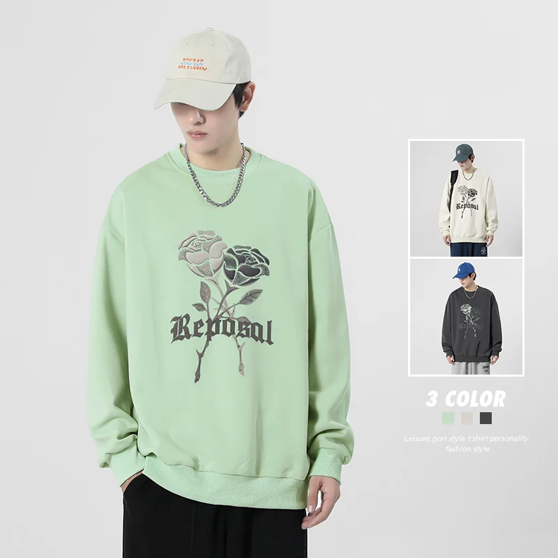 

Свитшот мужской с круглым вырезом, повседневный пуловер с длинным рукавом, худи с принтом роз, уличная одежда, 2023