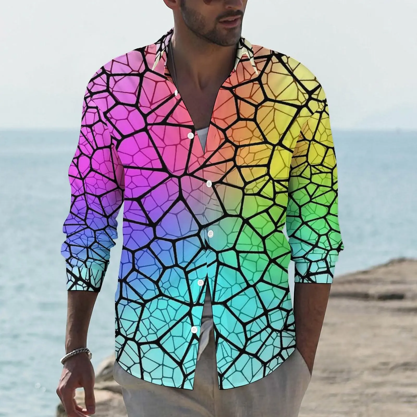 

Рубашка мужская с длинным рукавом, повседневная светящаяся блузка в стиле ретро, с принтом радуги, Осенний дизайнерский Топ, раньше 4XL