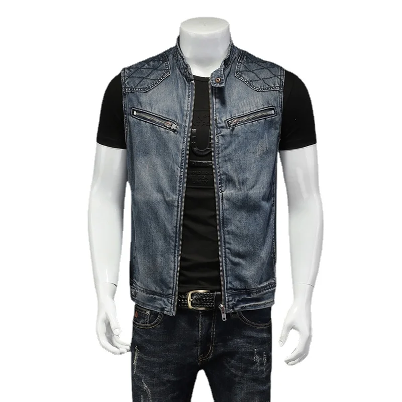 Мужской Байкерский джинсовый жилет с воротником-стойкой винтажный ковбойский на