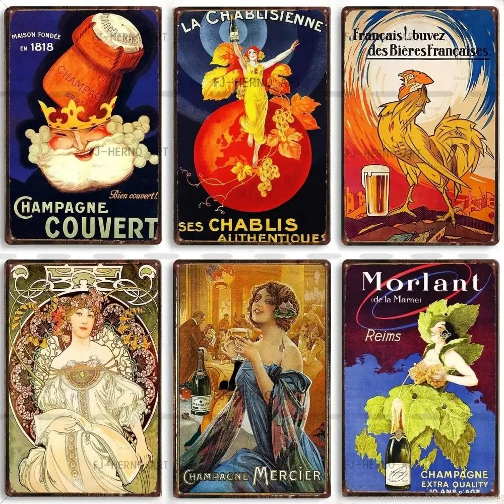Винтажная табличка с павлиньими шампанскими металлическая винная жестяная