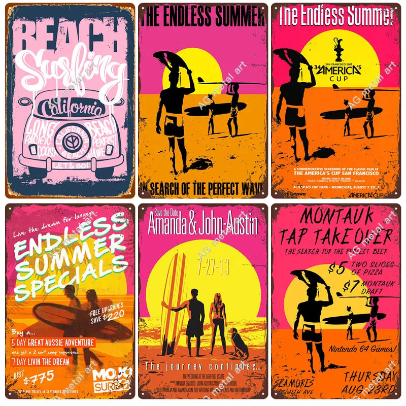 

New Summer Beach Retro Tin Painting Beach Beach Surf Bar Background Wall Home Decoration Painting posters