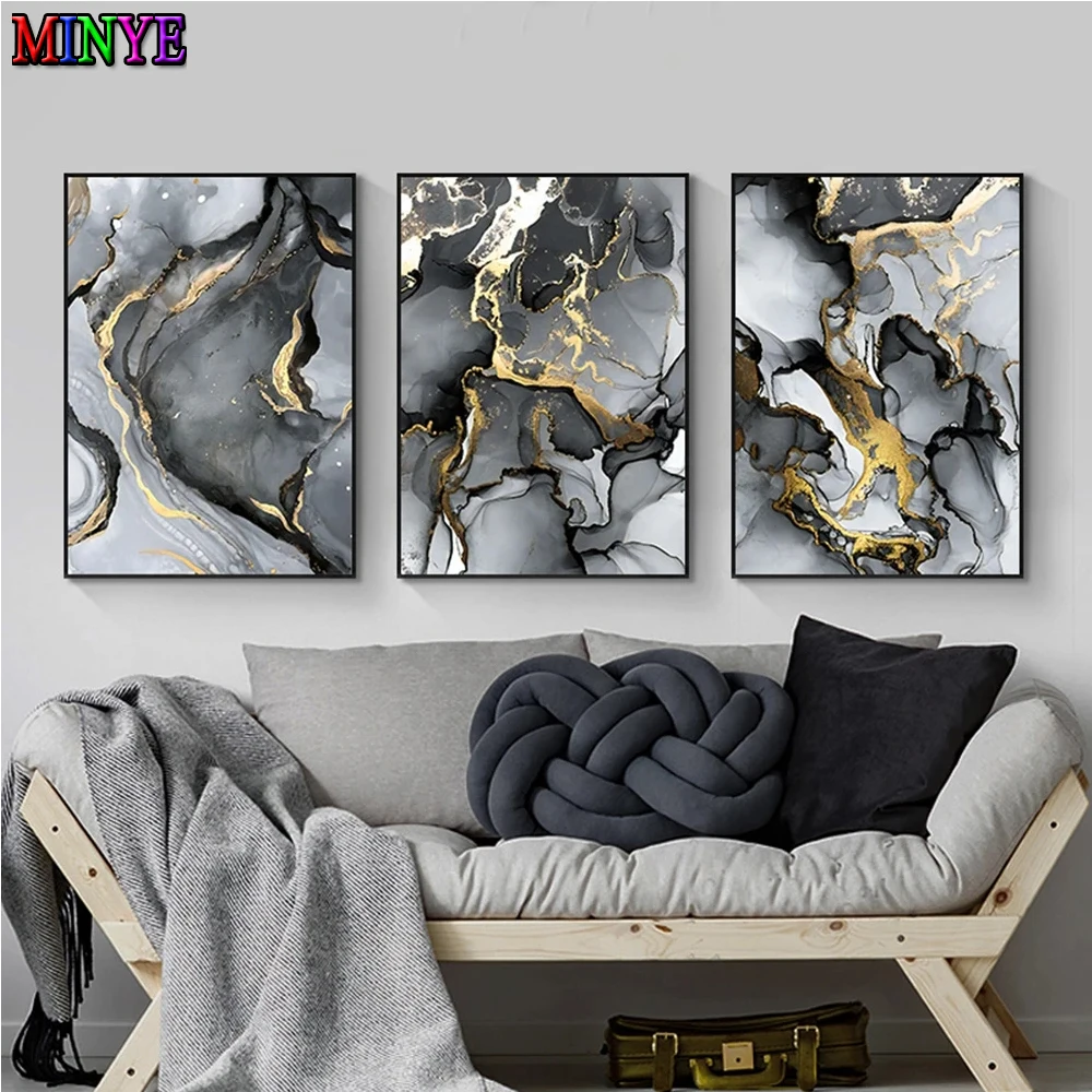 

Black Gold Abstract Nordic Style DIY Diamond Painting Triptych Full Square/Round Mosaic Rhinestone Embroidery Handicraft Art