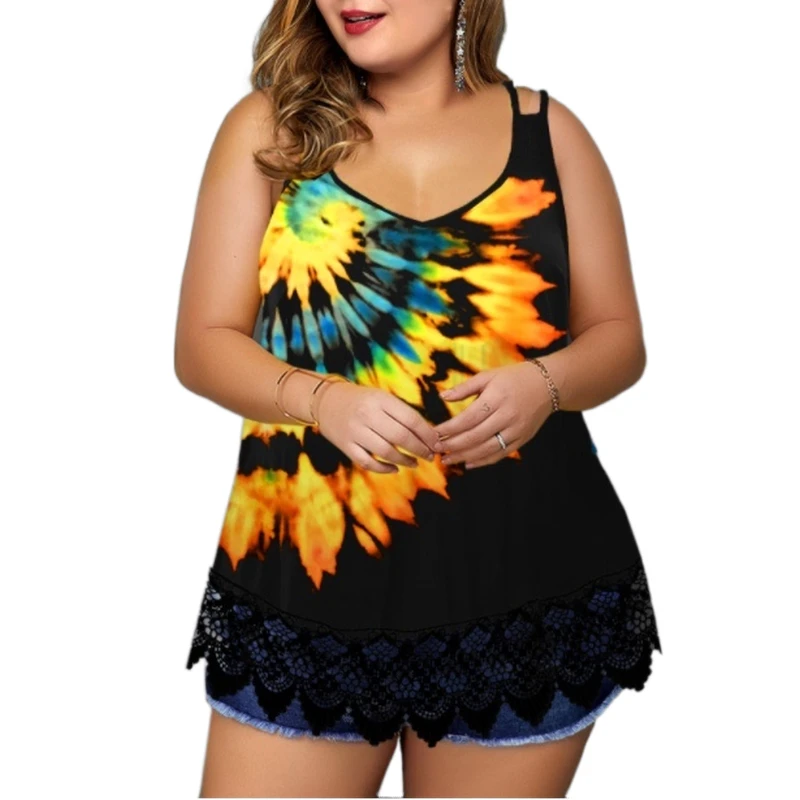 Plus Size Big Tops Large Size Tie-Dye Printed Lace Stitching Spaghetti-Strap Camisole Basic Sleeveless Tops Women Custom T Shirt