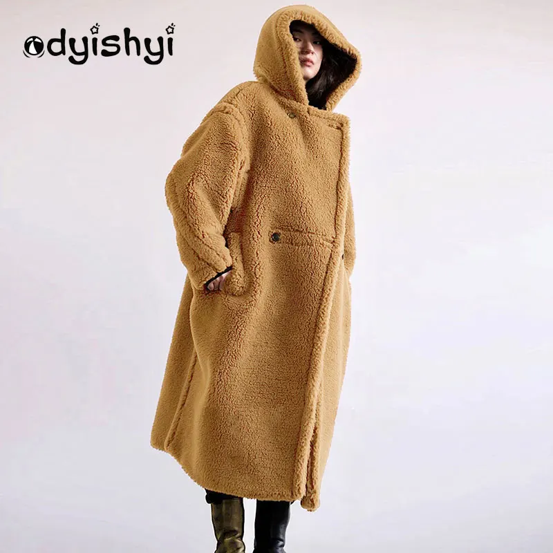 S-5XL Large Size Winter Women Faux Fur Jacket Imitation Lamb Fur Coat Loose Warm With Fur Hood Trim X-Long Overcoat Female Y275