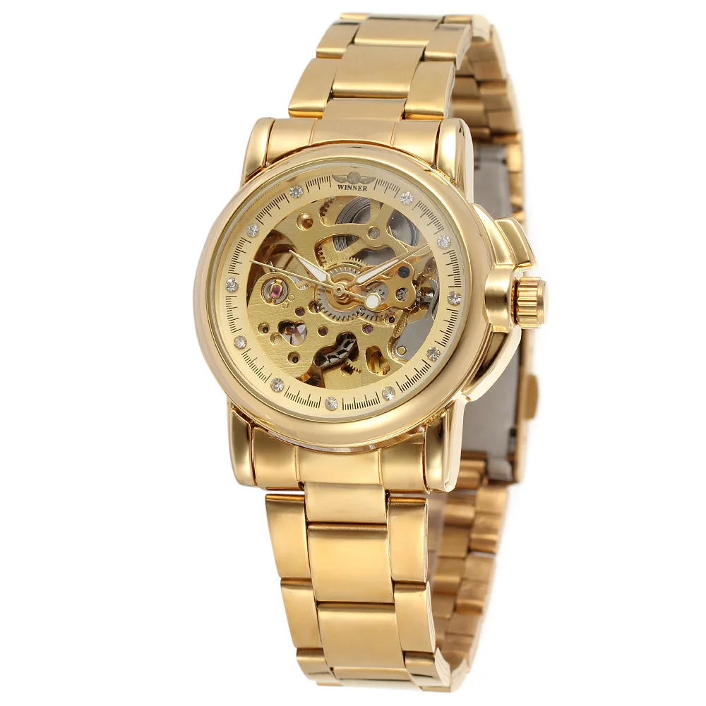 

Gold automatic mechanical watches for women, luxurious, stainless steel, for girls, crystal, hollow, skeleton, saati