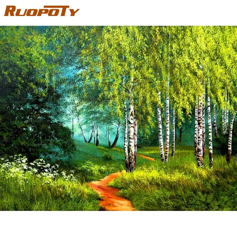 

RUOPOTY Acrylic Paint By Numbers Landscape On Canvas Green Tree Scenery 40x50cm Frameless Oil Painting By Numbers DIY Home Decor