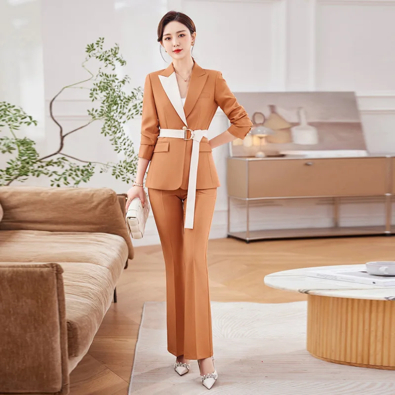 IZICFLY New Style 2023 Spring Summer Blue Business Suits Slim Office Blazer And Pant Sets For Women Work Wear Uniform With Belt