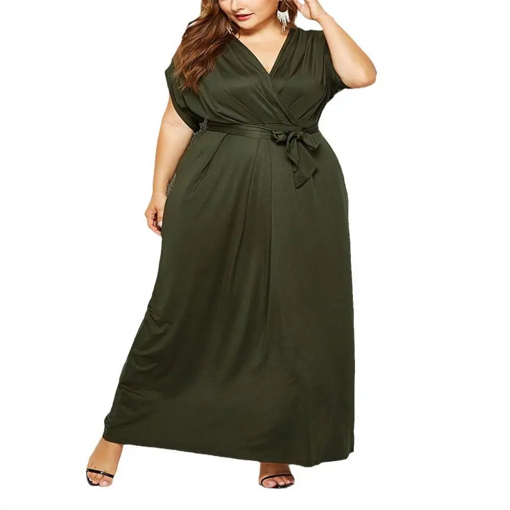 

Plus Size Women V-neck Long Dress with Belt