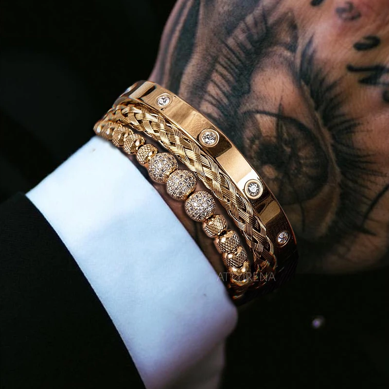 

5PCS Luxury Micro Pave CZ Round Beads Royal Charm Men Bracelets Stainless Steel Crystals Bangles Couple Handmade Jewelry Gift