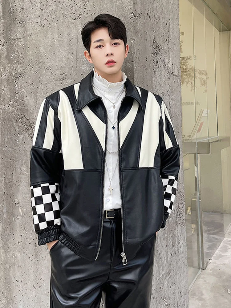 

SYUHGFA Handsome Leather Men's Jacket Korean Fashion Checkerboard Color Contrast Design 2022 Spring Zipper Turn-down Collar